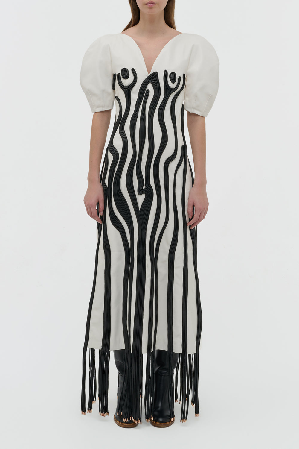 Aphea Maxi Dress in White & Black Soft Leather