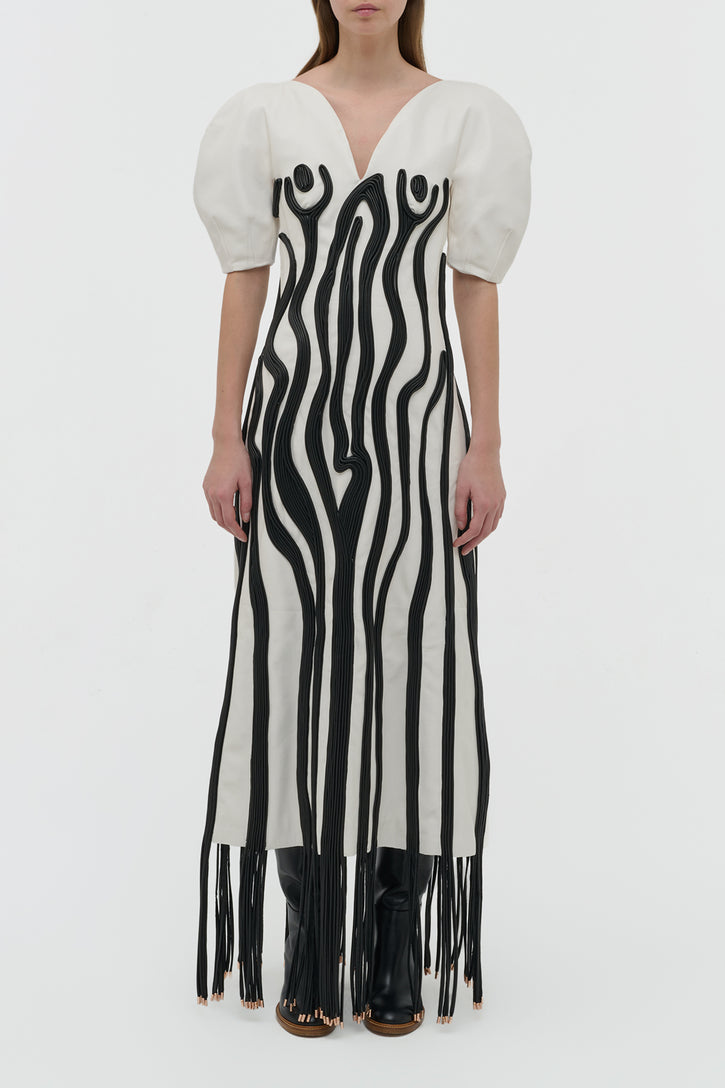 Aphea Maxi Dress in White & Black Soft Leather