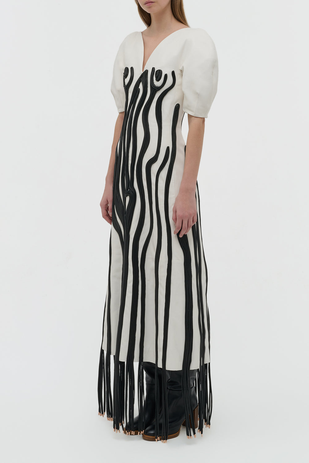 Aphea Maxi Dress in White & Black Soft Leather