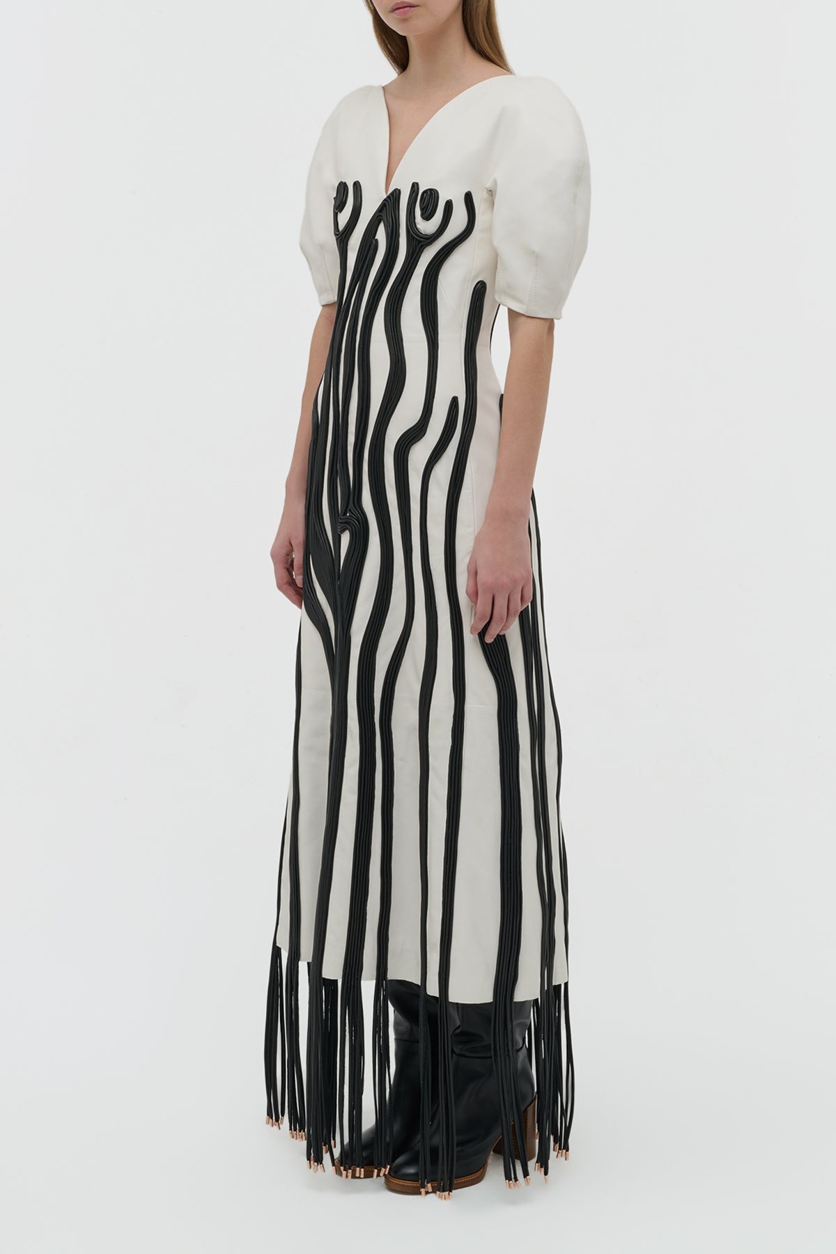 Aphea Maxi Dress in White & Black Soft Leather