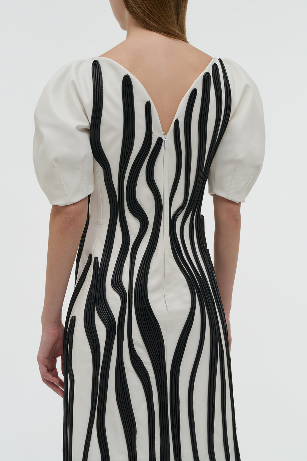 Aphea Maxi Dress in White & Black Soft Leather