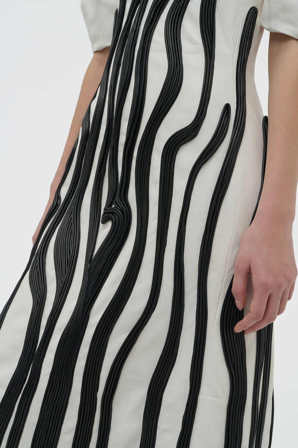 Aphea Maxi Dress in White & Black Soft Leather