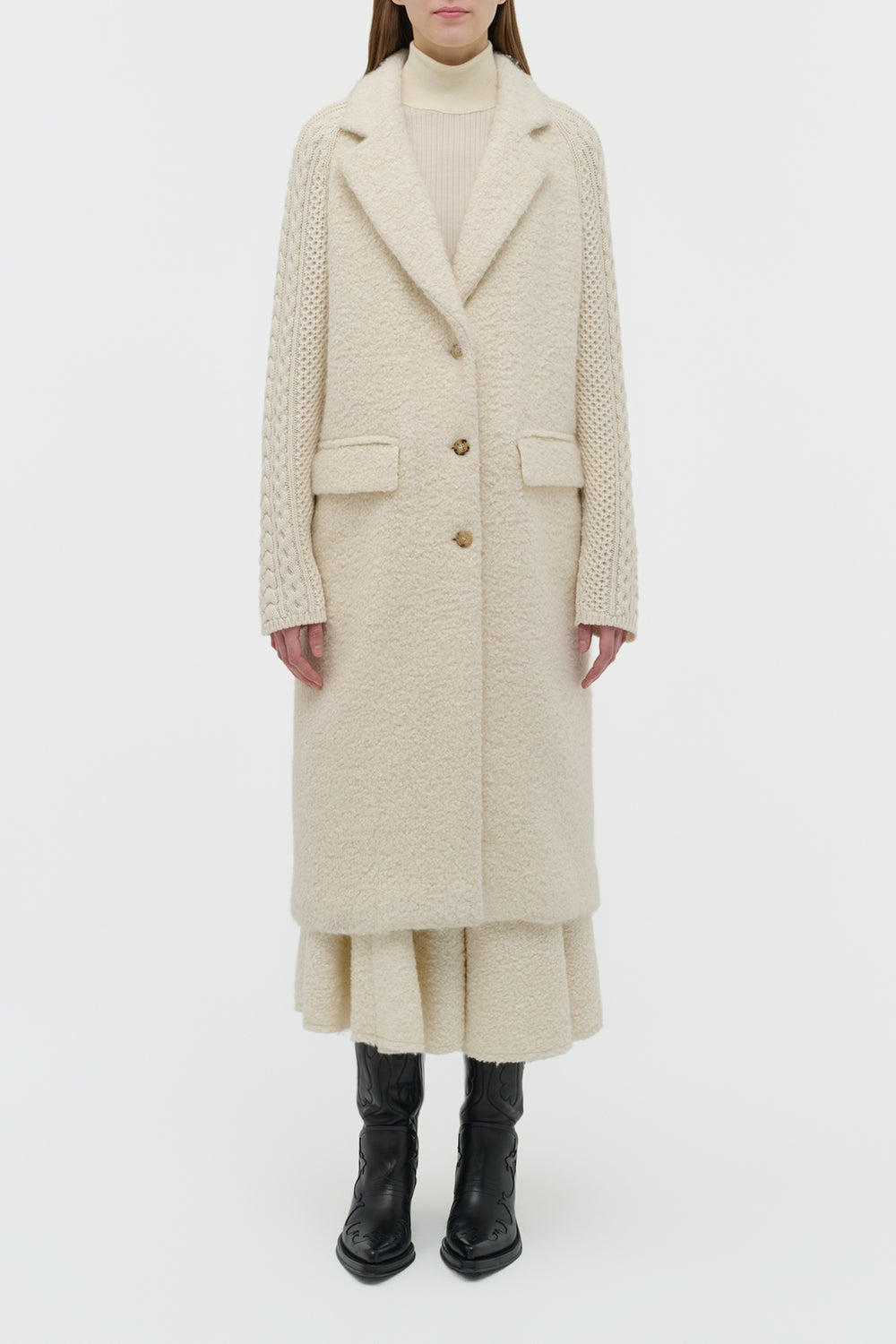 Charles Coat in Ivory Recycled Cashmere Boucle with Cable-knit Sleeves