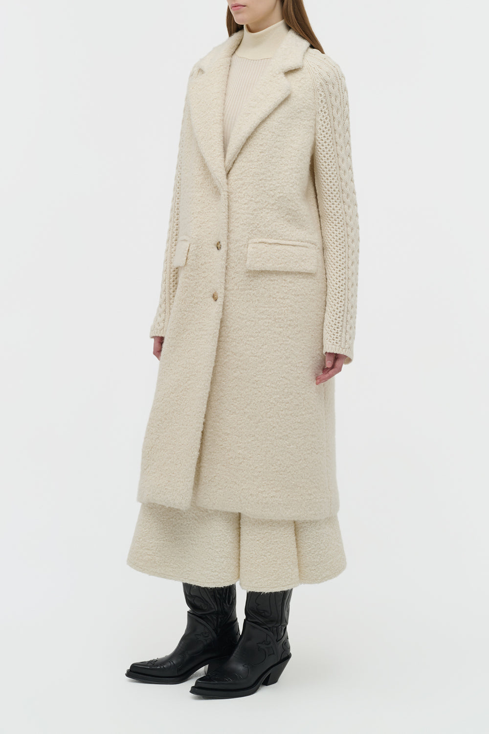 Charles Coat in Ivory Recycled Cashmere Boucle with Cable-knit Sleeves