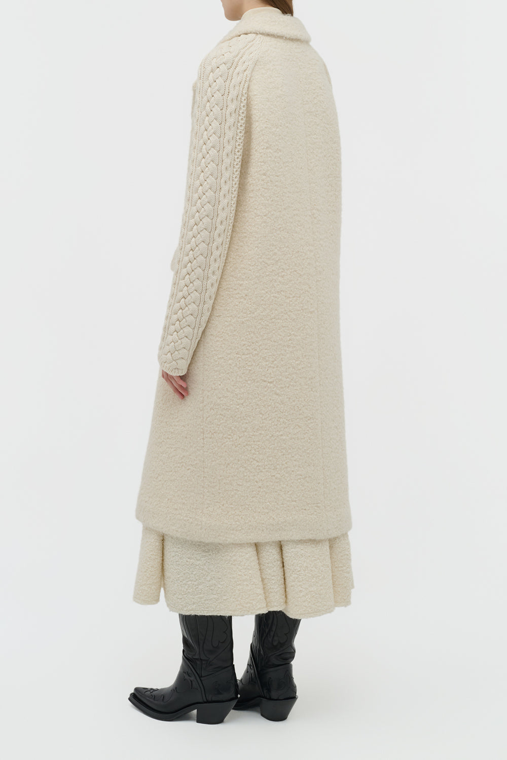 Charles Coat in Ivory Recycled Cashmere Boucle with Cable-knit Sleeves