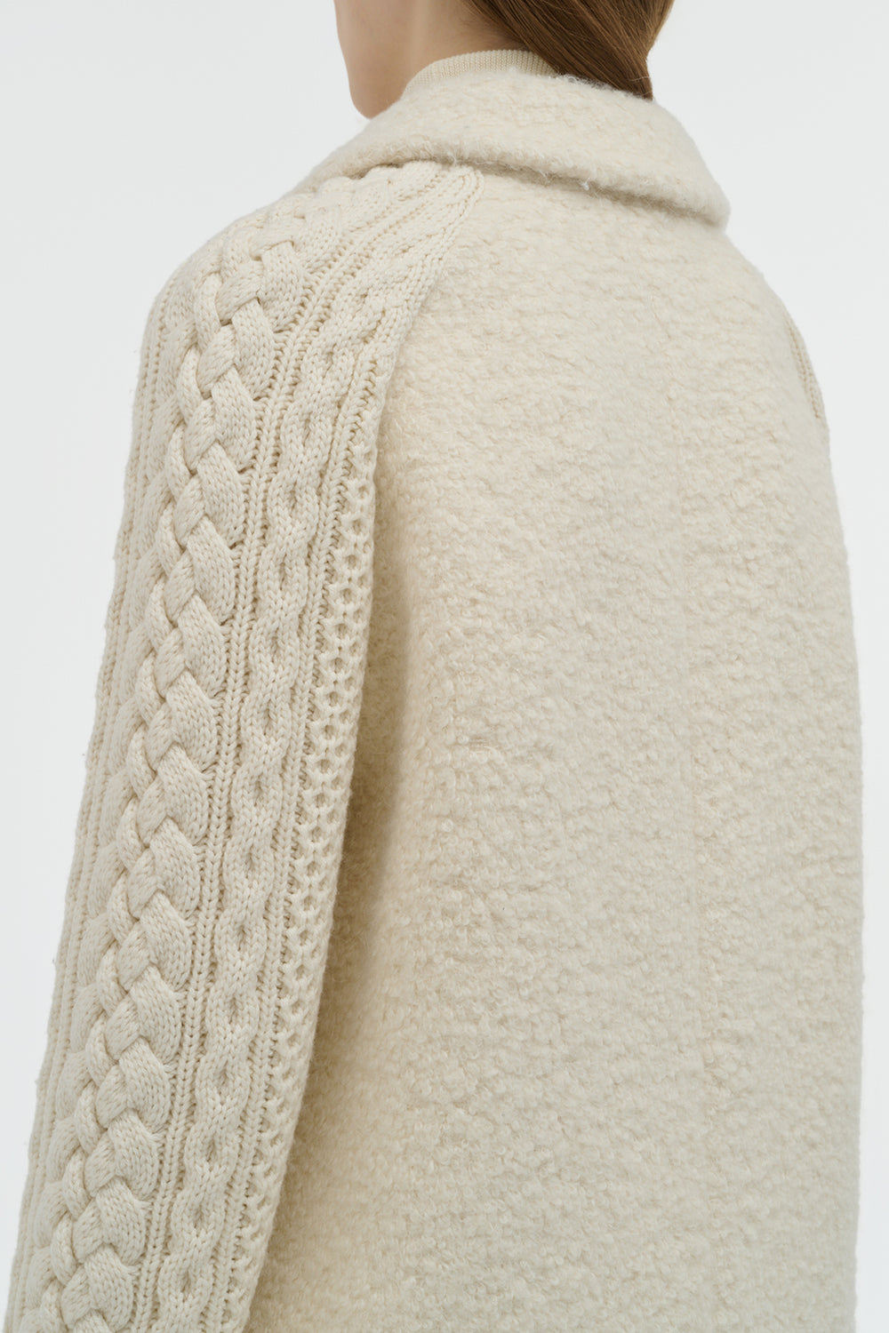 Charles Coat in Ivory Recycled Cashmere Boucle with Cable-knit Sleeves