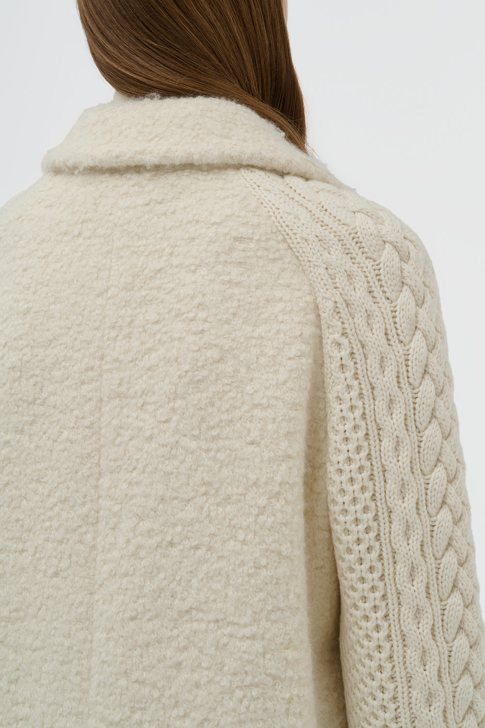 Charles Coat in Ivory Recycled Cashmere Boucle with Cable-knit Sleeves