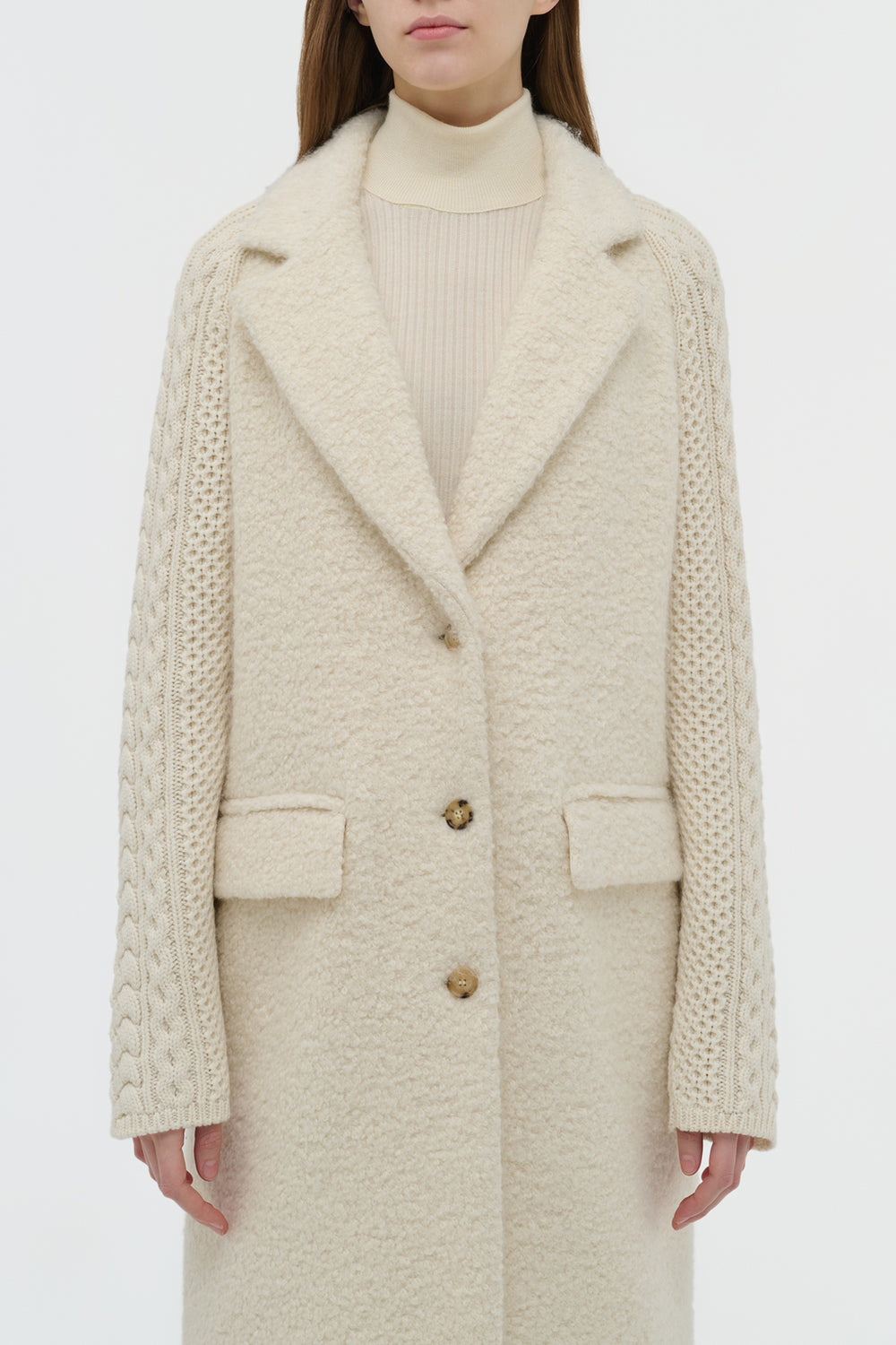 Charles Coat in Ivory Recycled Cashmere Boucle with Cable-knit Sleeves