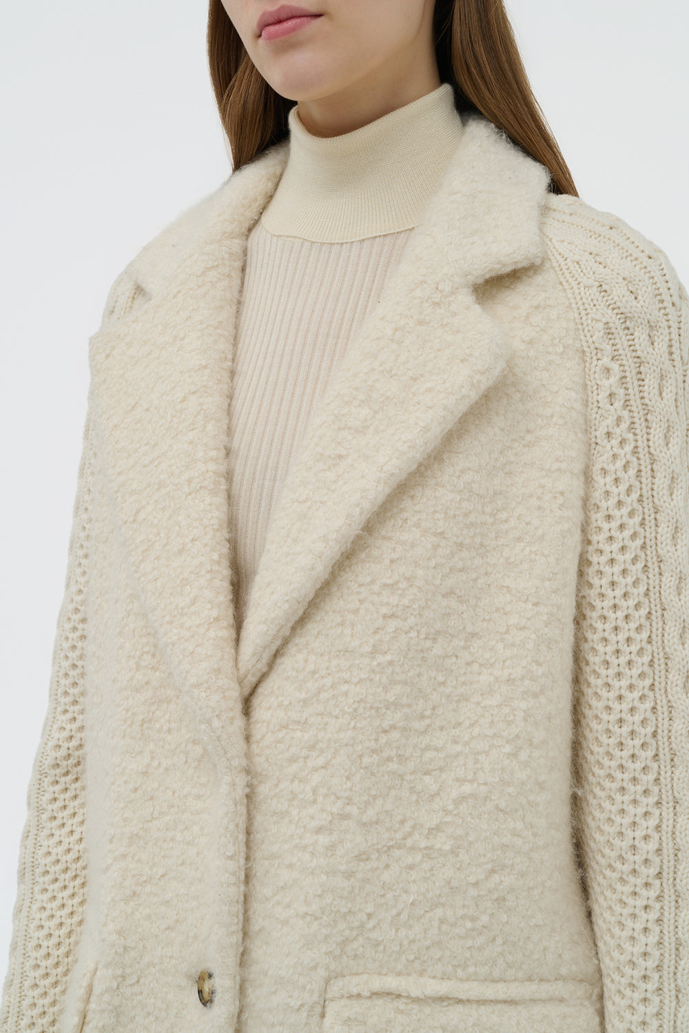Charles Coat in Ivory Recycled Cashmere Boucle with Cable-knit Sleeves
