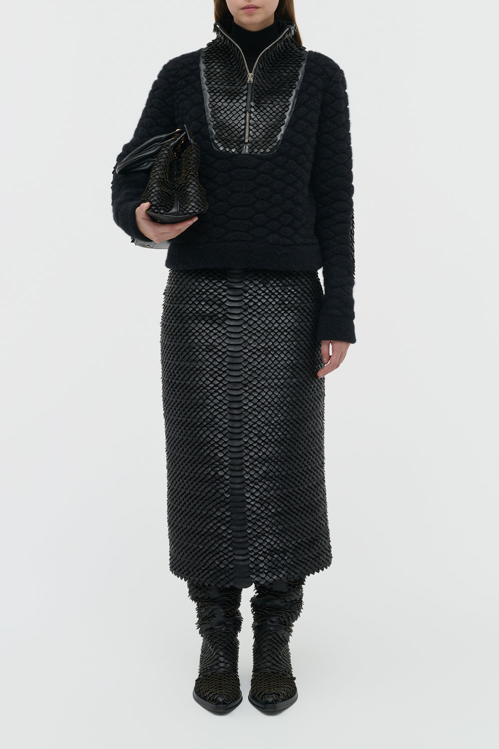 Antia Midi Skirt in Black Leather Snake Scales