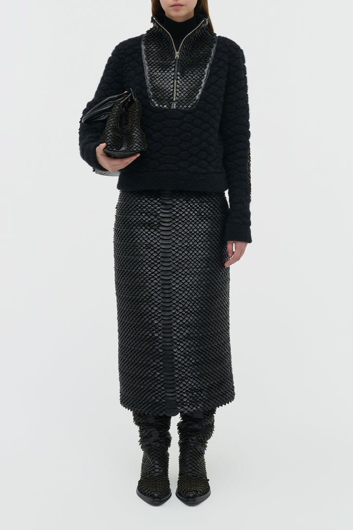 Antia Midi Skirt in Black Leather Snake Scales