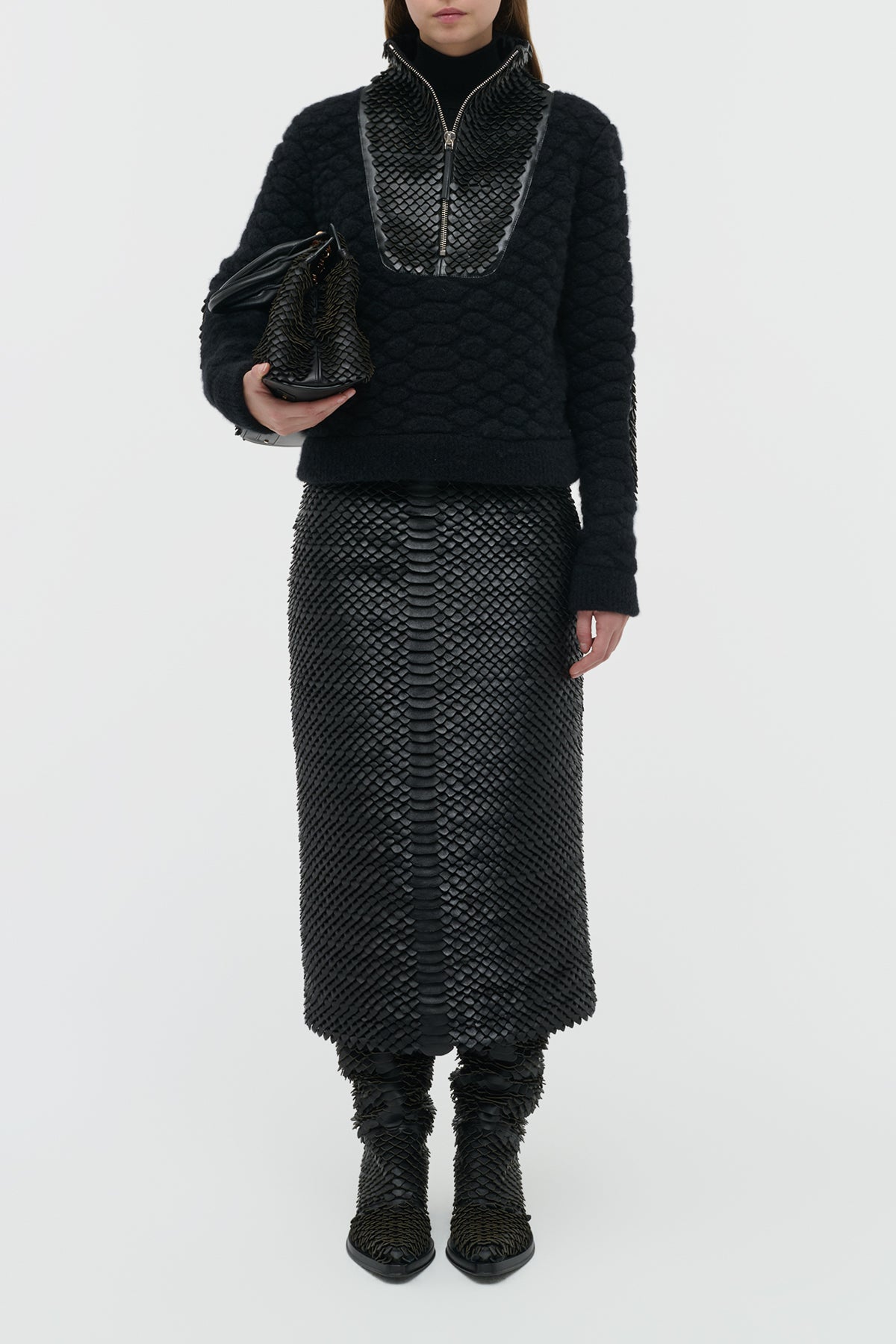 Isha Knit Mock Funnel Neck in Black Nappa Leather Snake Scales & Cashmere