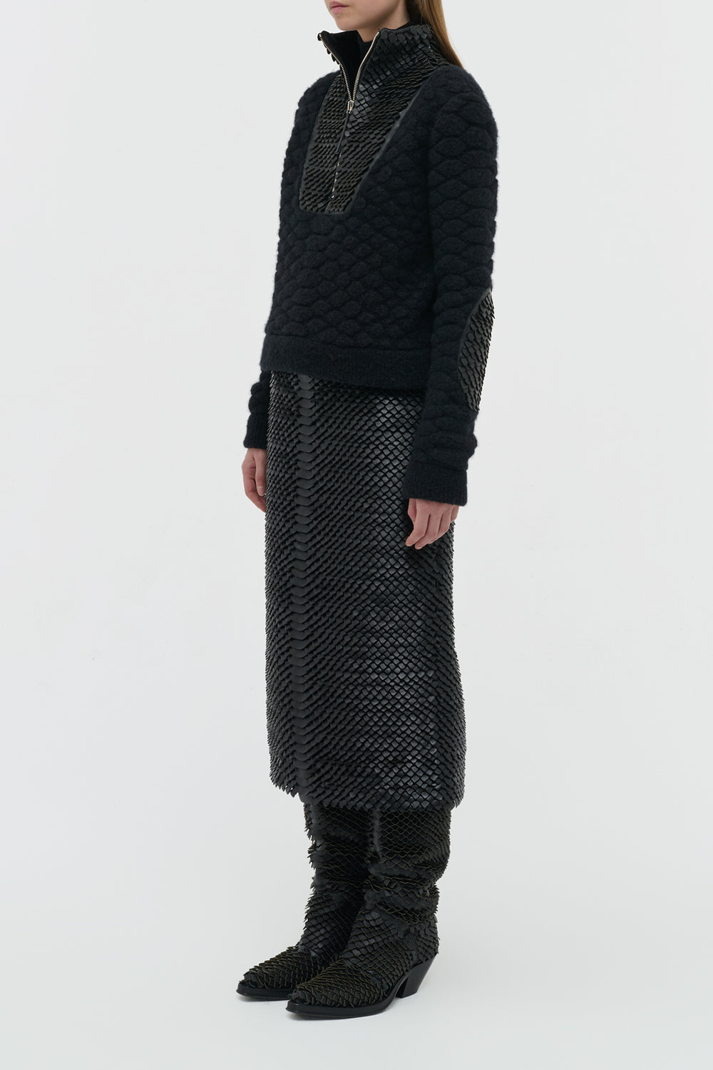 Antia Midi Skirt in Black Leather Snake Scales