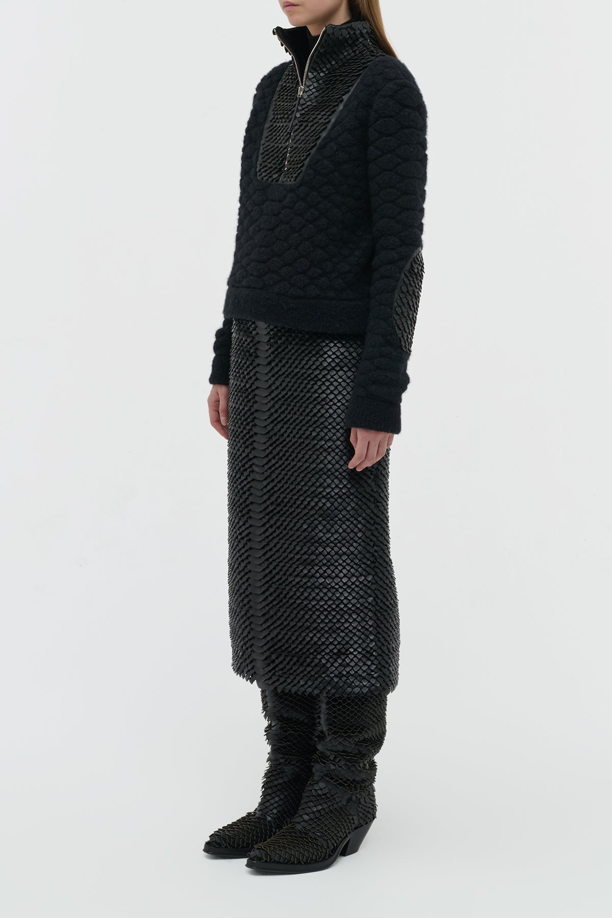 Isha Knit Mock Funnel Neck in Black Nappa Leather Snake Scales & Cashmere
