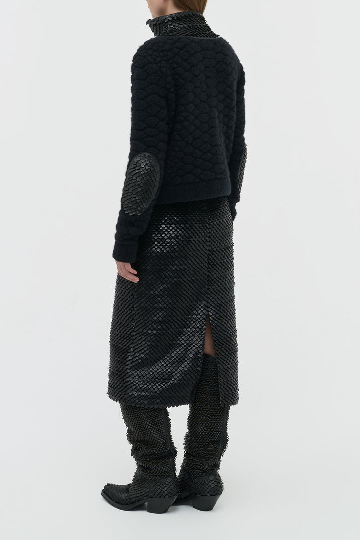 Isha Knit Mock Funnel Neck in Black Nappa Leather Snake Scales & Cashmere
