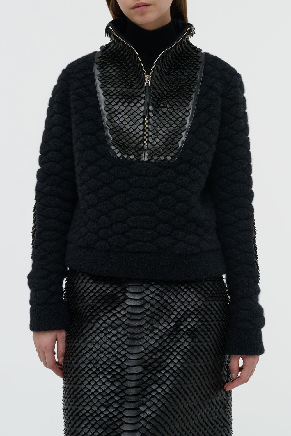 Isha Knit Mock Funnel Neck in Black Nappa Leather Snake Scales & Cashmere