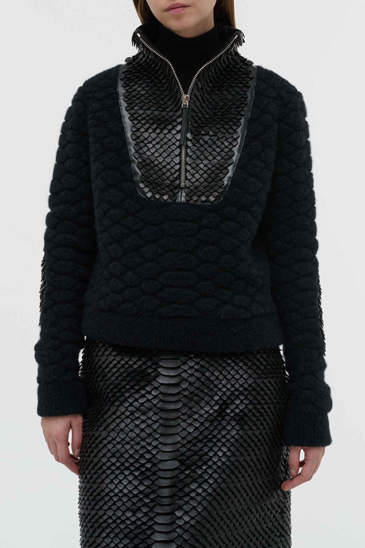 Isha Knit Mock Funnel Neck in Black Nappa Leather Snake Scales & Cashmere