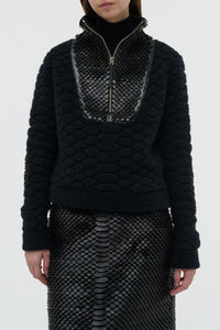 Isha Knit Mock Funnel Neck in Black Nappa Leather Snake Scales & Cashmere