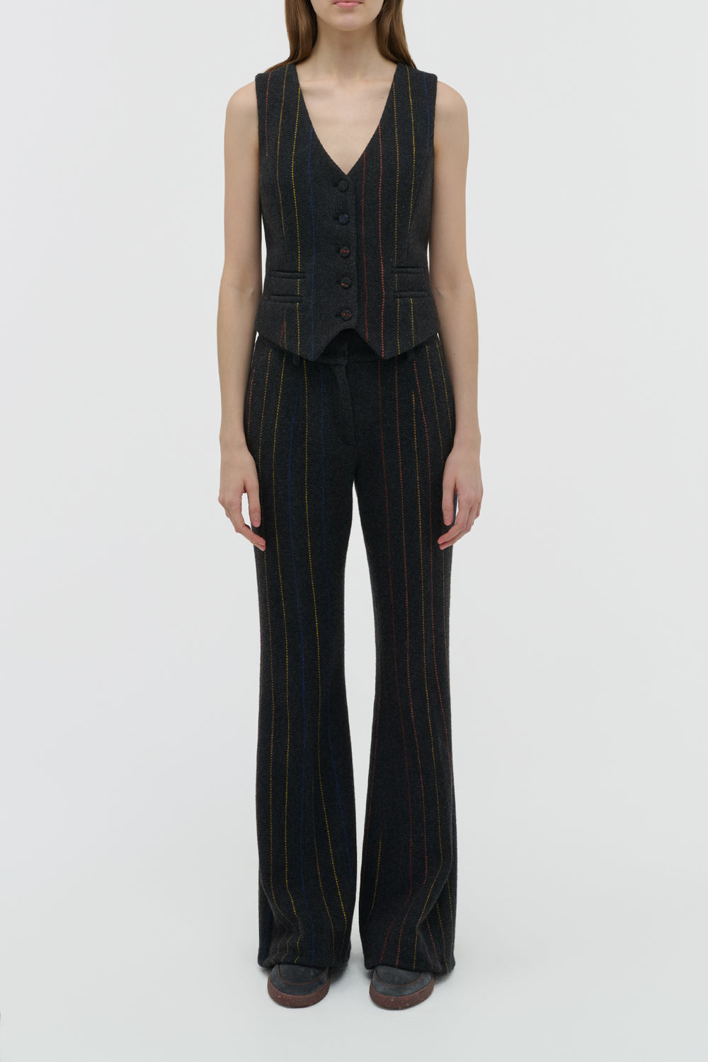 Rhein Flare Pant in Charcoal Multi Pinstripe Wool Cashmere