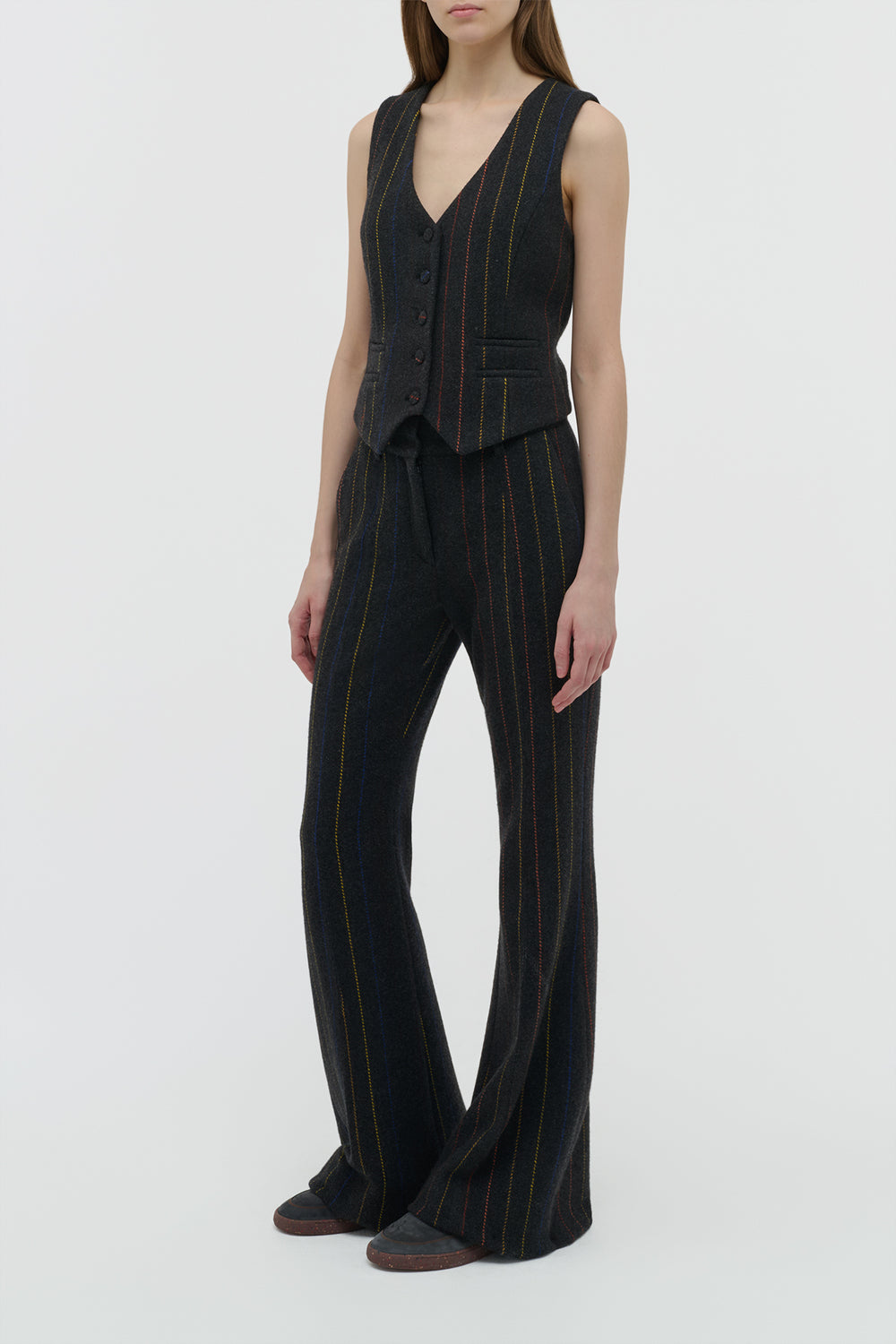 Rhein Flare Pant in Charcoal Multi Pinstripe Wool Cashmere