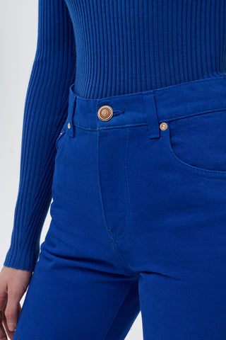 Cobalt Blue Rey Jeans Waistband Detail - Custom Wood-Inlaid Brass Hardware | Gabriela Hearst