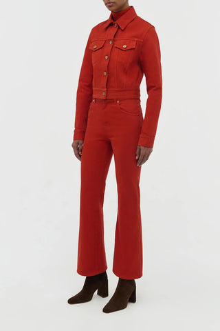 Antelope Orange Ezra Bootcut Jeans - Three-Quarter Side View with Matching Denim Jacket | Gabriela Hearst