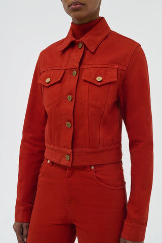 Antelope Orange Recycled Denim Jacket - Close-Up Front Detail with Custom Gold Hardware | Gabriela Hearst