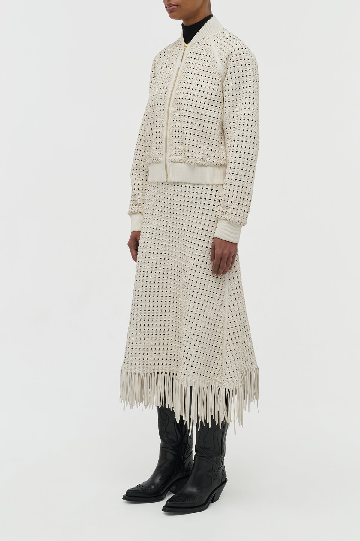 Bennie Midi Skirt in White Woven Leather