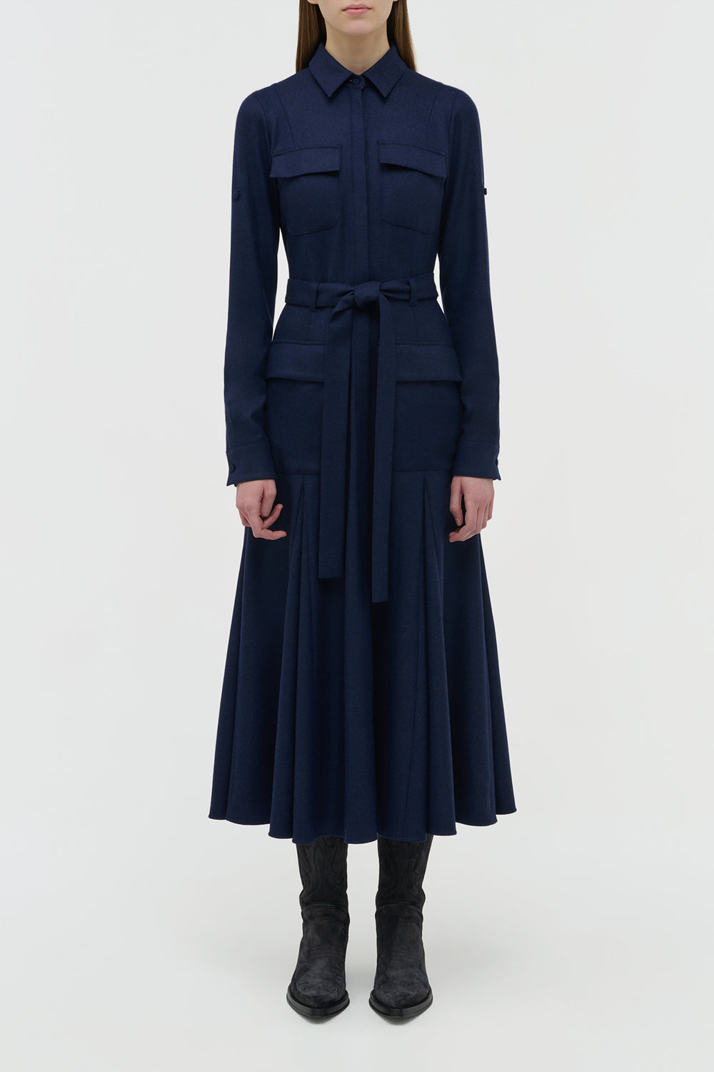 Meyer Pleated Maxi Shirtdress in Navy Wool Cashmere Flannel