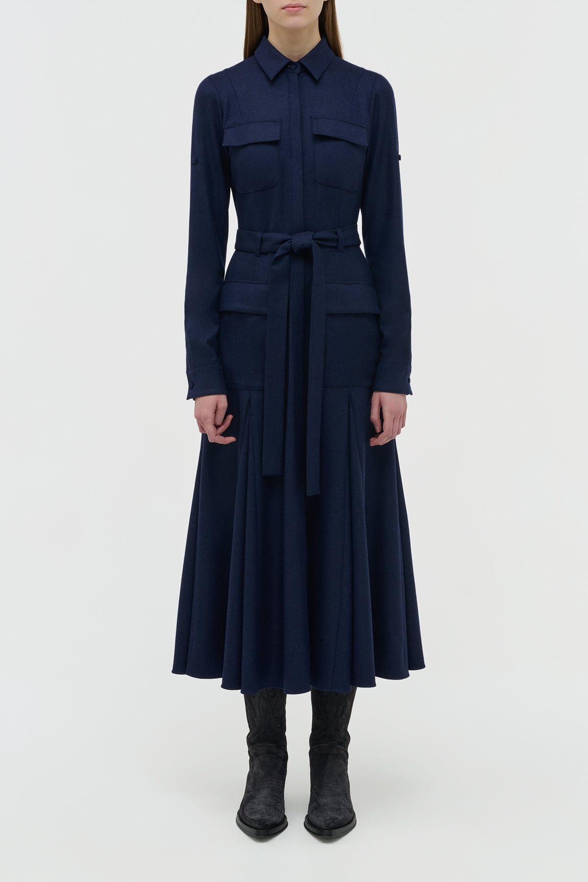 Meyer Pleated Maxi Shirtdress in Navy Wool Cashmere Flannel