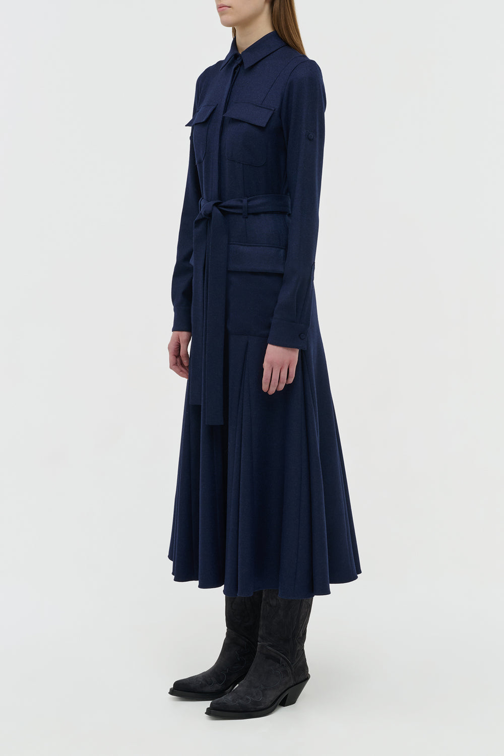 Meyer Pleated Maxi Shirtdress in Navy Wool Cashmere Flannel