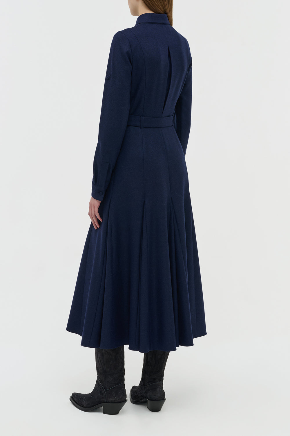 Meyer Pleated Maxi Shirtdress in Navy Wool Cashmere Flannel
