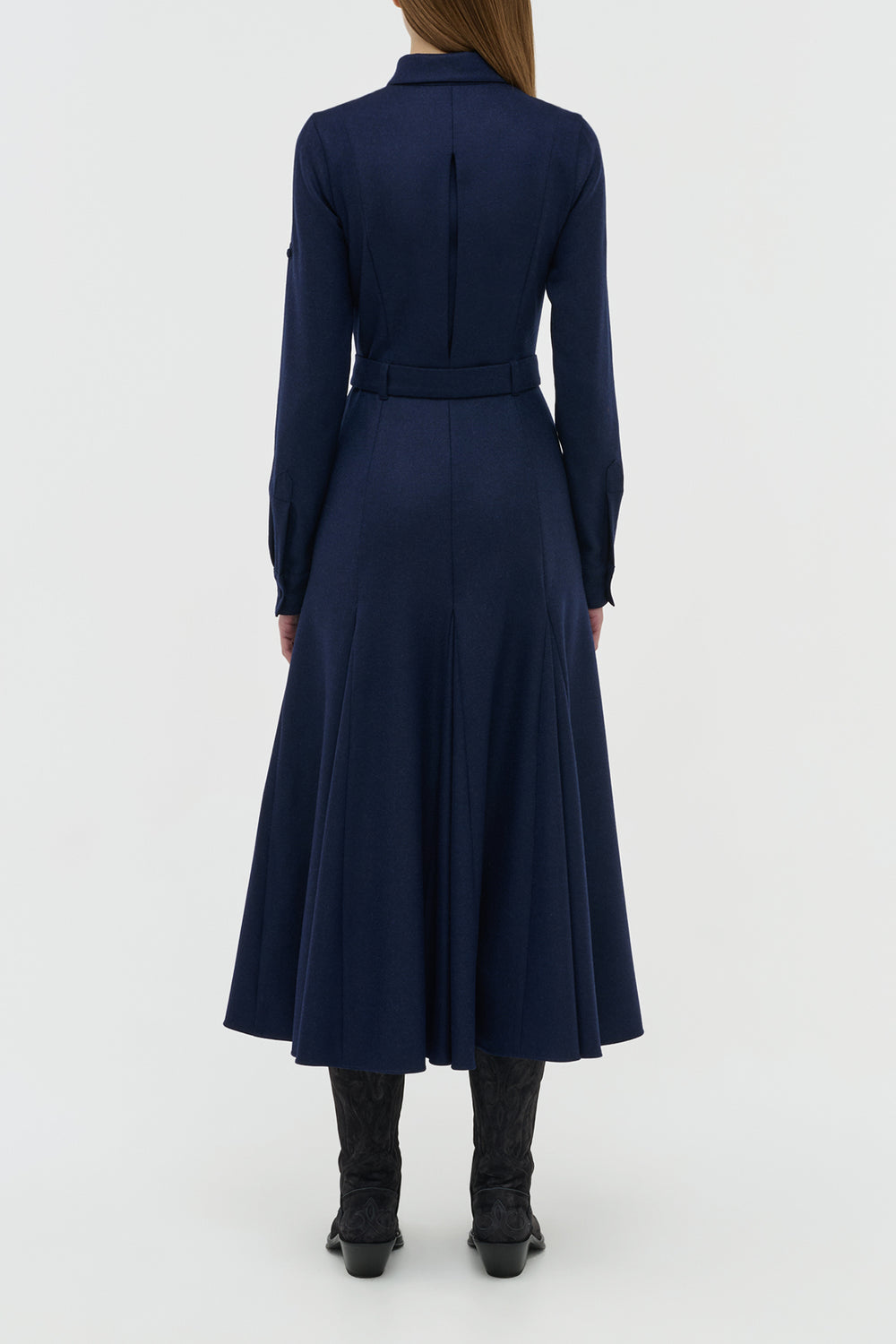 Meyer Pleated Maxi Shirtdress in Navy Wool Cashmere Flannel