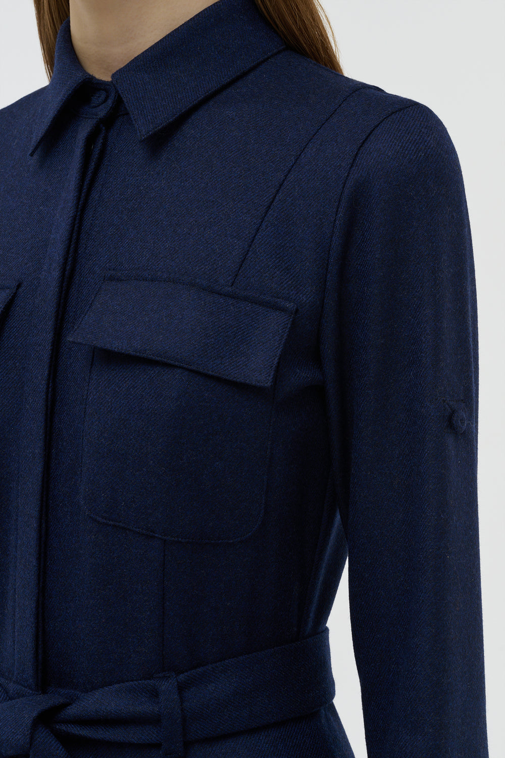 Meyer Pleated Maxi Shirtdress in Navy Wool Cashmere Flannel