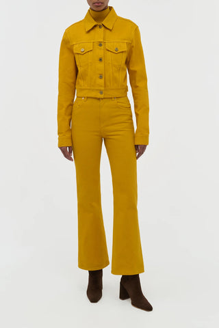 Golden Birch Denim Jacket and Flare Jeans - Full Look On Model | Gabriela Hearst