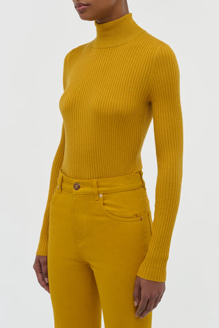 Golden Birch Cashmere Silk Turtleneck - On Model Side Profile | Gabriela Hearst