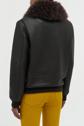 Ebony Grant Jacket with Brown Shearling Collar - Studio Back Detail | Gabriela Hearst