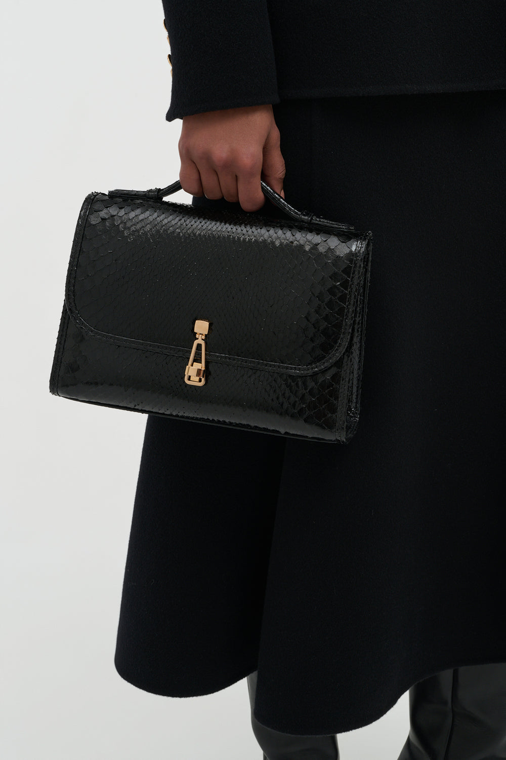 Medium Leonora Flap Bag in Black Snakeskin with Sunglasses Pouch