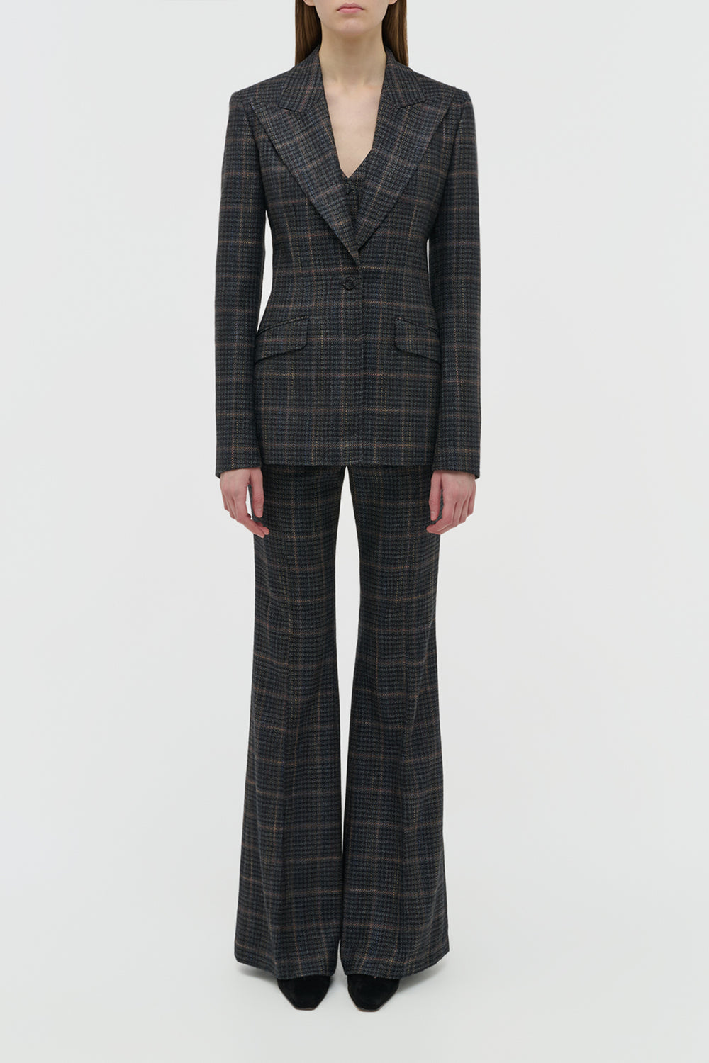 Leiva Blazer in Charcoal Multi Wool Silk Clubcheck Plaid