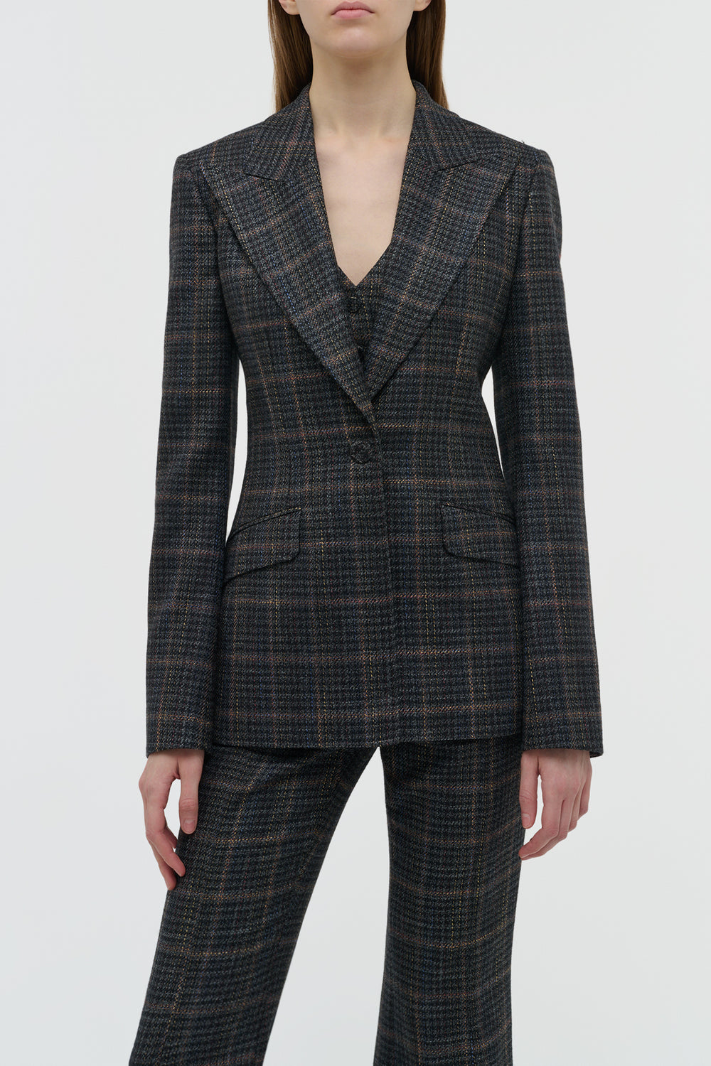 Leiva Blazer in Charcoal Multi Wool Silk Clubcheck Plaid