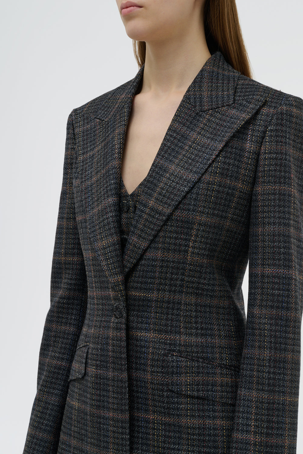 Leiva Blazer in Charcoal Multi Wool Silk Clubcheck Plaid