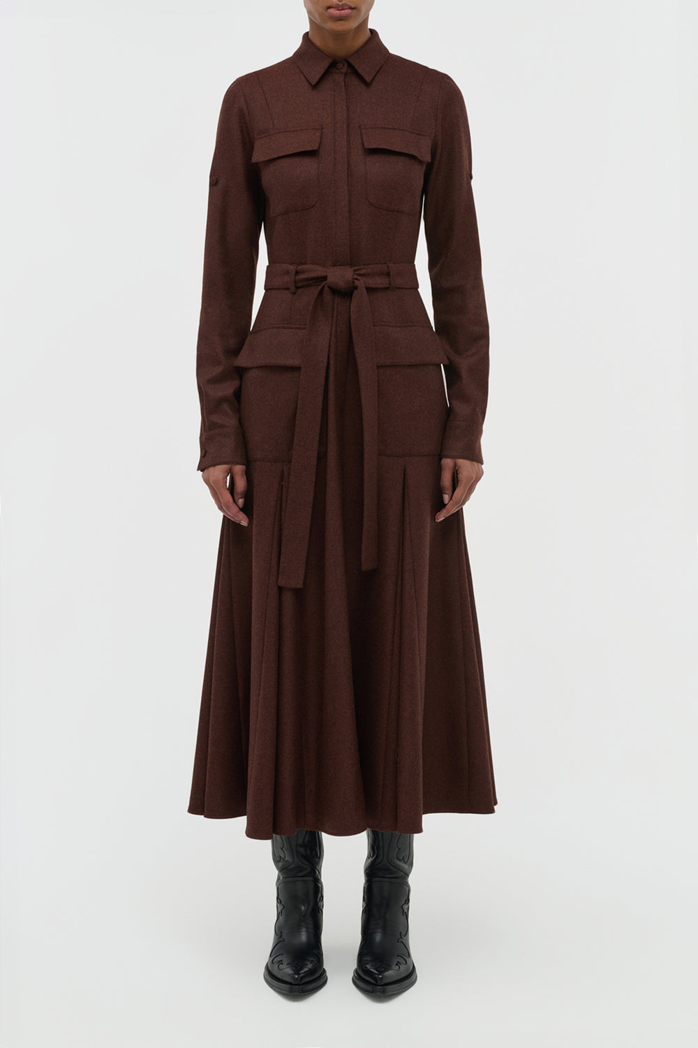 Meyer Pleated Maxi Shirtdress in Burnt Sienna Wool Cashmere Flannel