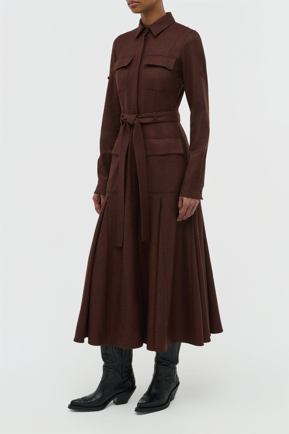 Meyer Pleated Maxi Shirtdress in Burnt Sienna Wool Cashmere Flannel