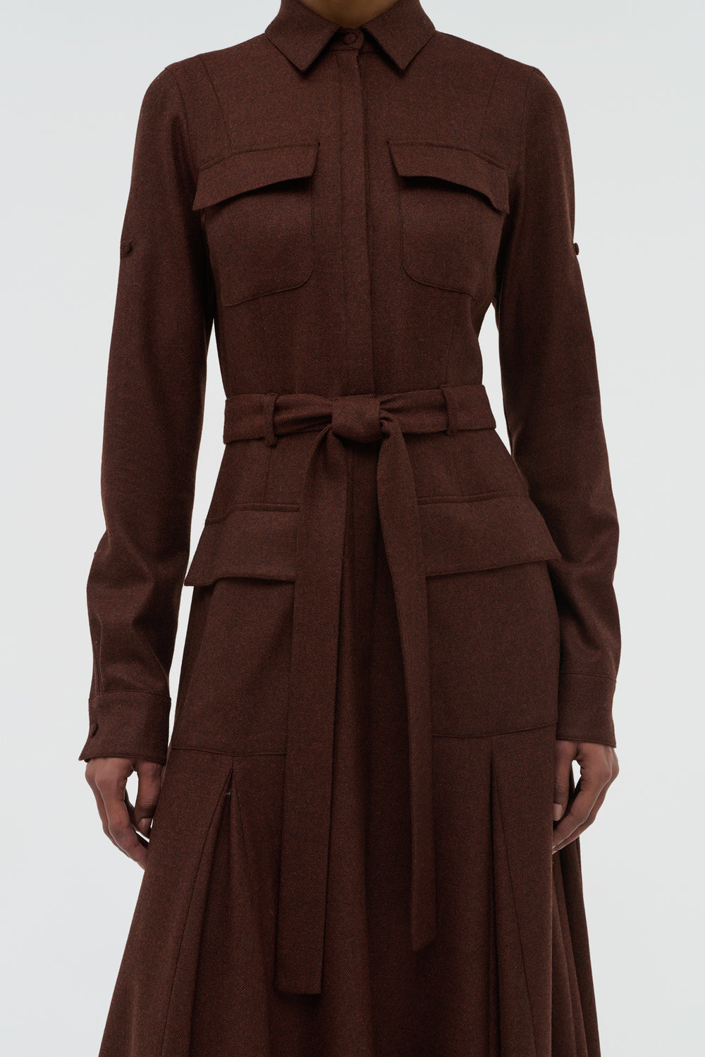 Meyer Pleated Maxi Shirtdress in Burnt Sienna Wool Cashmere Flannel