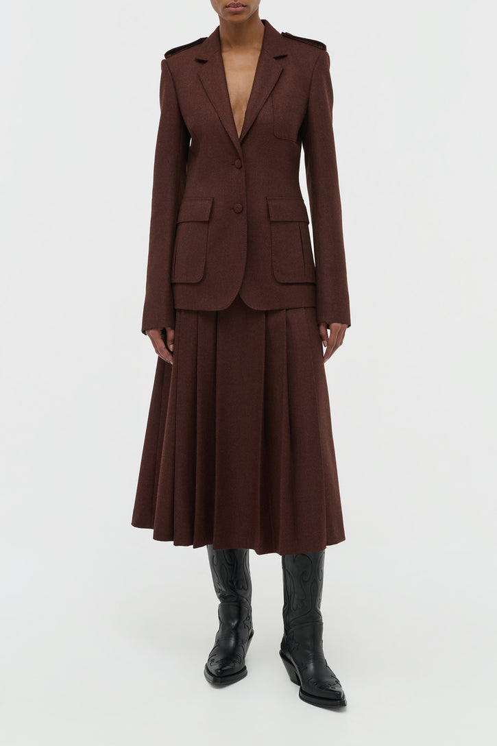 Wesley Pleated Midi Skirt in Burnt Sienna Wool Cashmere Flannel