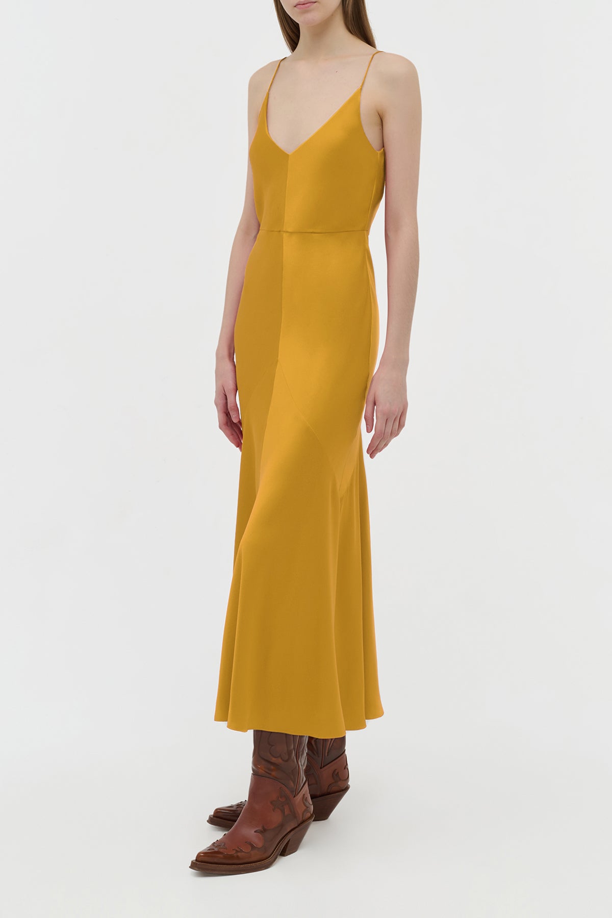 Brigita Slip Maxi Dress in Golden Birch Silk Satin