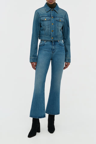 Uruguayan Blue Ezra Bootcut Cropped Jeans - Full Styled Look Front View On Model | Gabriela Hearst