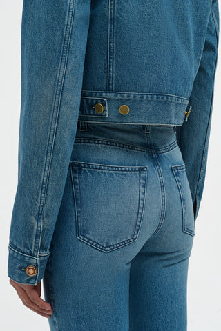 Uruguayan Blue Recycled Cotton Denim - Waistband Custom Hardware & Back Pocket Detail | Gabriela Hearst