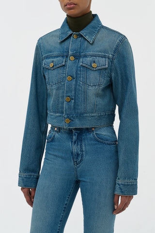 Uruguayan Blue Bronte Denim Jacket - Front Close-Up On Model | Gabriela Hearst