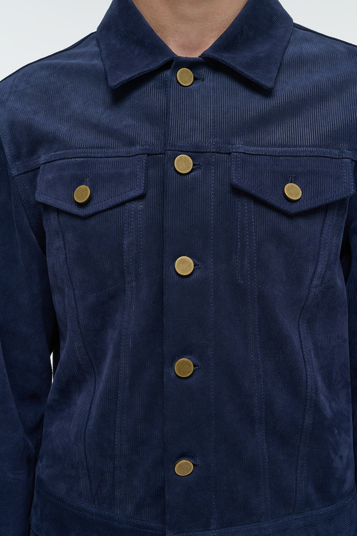Barry Trucker Jacket in Electric Navy Suede Corduroy